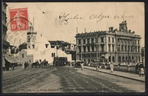 AK Alger, Le Palais Consulaire et la Mosquée Djemáa-Djedid, Strassenbahn
