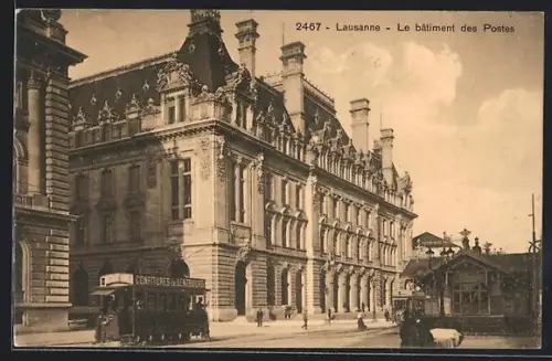 AK Lausanne, Le bâtiment des Postes, Strassenbahn
