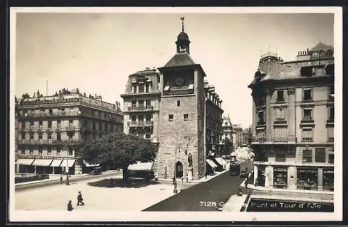 AK Genève, Pont et Tour de l`Ile, Strassenbahn