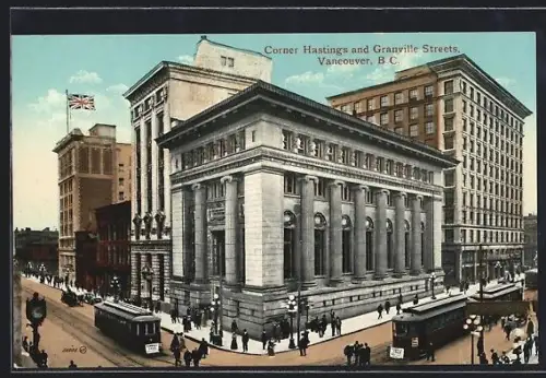 AK Vancouver /B. C., Corner Hastings and Granville Streets, Strassenbahn