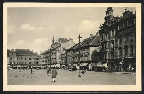 AK Pilsen, Strassenpartie mit Strassenbahn und Geschäften