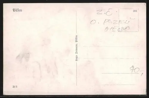 AK Pilsen, Strassenpartie mit Strassenbahn und Geschäften