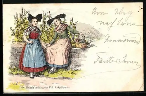 Lithographie Markgräflerinnen in Schwarzwälder Tracht