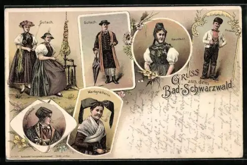 Lithographie Bürger in schwarzwälder Trachten aus den verschiedenen Orten im Schwarzwald