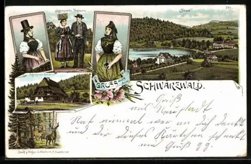Lithographie Titisee /Schwarzwald, Trachten, Schwarzwälder Bauernhaus, Landschaft