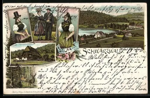 Lithographie Titisee im Schwarzwald, Menschen in Tracht, Bauernhaus