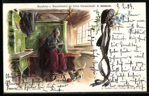 Lithographie Hausfleiss u. Hausindustrie im hohen Schwarzwald, Stickerei