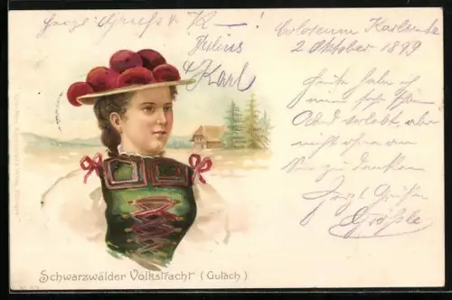 AK Schwarzwälder Volkstracht, eine junge Frau im Trachtenkleid aus Gutach