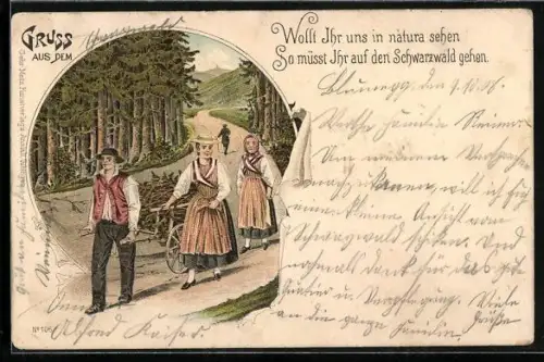 Lithographie Schwarzwald, Bauern in Schwarzwälder Tracht mit Holzkarren