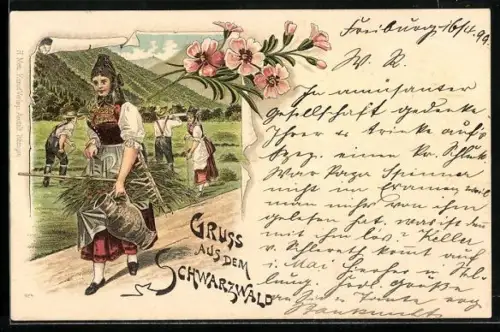 Lithographie Gruss aus dem Schwarzwald, Bäuerin in Schwarzwälder Tracht