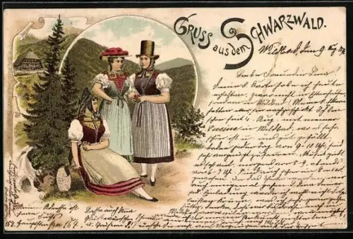 Lithographie Schwarzwald, Drei Damen in Schwarzwälder Tracht