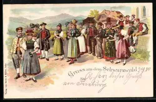 Lithographie Gruss aus dem Schwarzwald, Männer und Frauen in Trachten