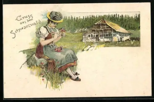 Lithographie Gruss aus dem Schwarzwald, Frau in Schwarzwälder Tracht