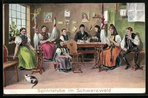 AK Frauen in einer Spinnstube im Schwarzwald, Schwarzwälder Tracht