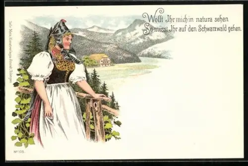 Lithographie Schwarzatal, Frau in Schwarzwälder Tracht