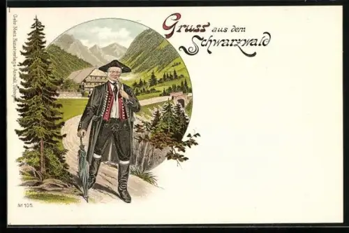 Lithographie Gruss aus dem Schwarzwald, Mann mit Tabakpfeife in Tracht