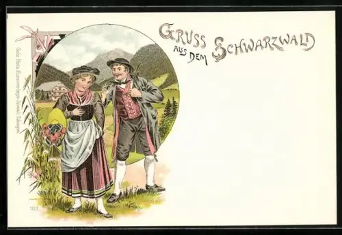 AK Pärchen in Schwarzwälder Tracht macht einen Ausflug