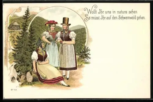 Lithographie Schwarzwälderer Mädchen in Tracht