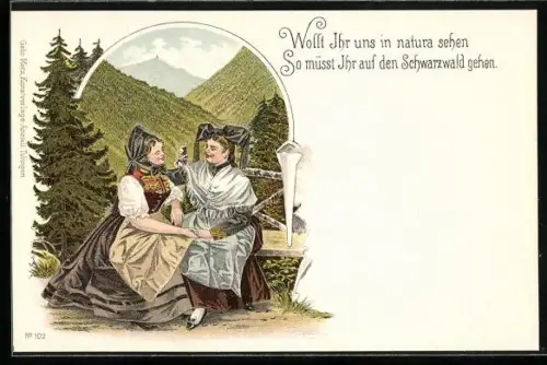 Lithographie Schwarzwald, Freundinnen in Trachten im Gespräch auf Waldbank