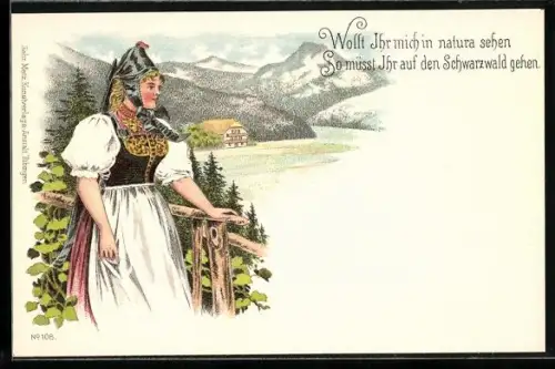 Lithographie Schwarzatal, Frau in Schwarzwälder Tracht