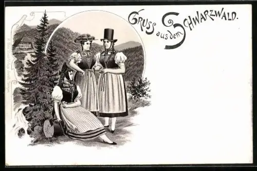 Lithographie Schwarzwald, Drei Damen in Schwarzwälder Tracht