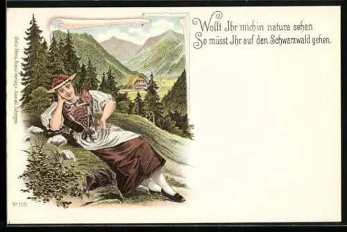 AK Junge Dame mit Bluem in Schwarzwälder Tracht