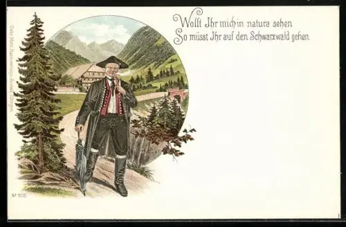 Lithographie Mann in Schwarzwälder Tracht mit Pfeife und Schirm