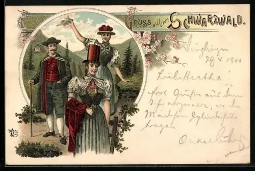 Lithographie Mann und zwei Frauen in Schwarzwälder Tracht