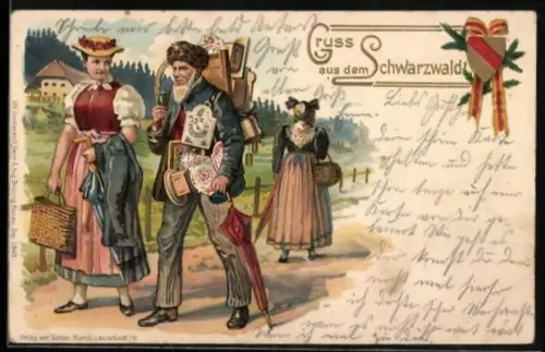 Lithographie Junge Schwarzwälderin läuft ein Stück mit dem Uhrenhändler