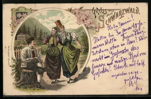 Lithographie SchwarzwälderInnen in Trachten spazieren