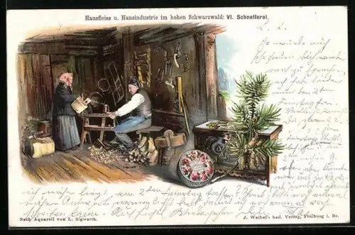 AK Hausfleiss u. Hausindustrie im hohen Schwarzwald: Paar in Tracht bei der Schneflerei