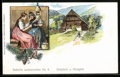 Lithographie Schapbach, zwei Frauen in Tracht am Spinnrad, Schwarzwaldhaus