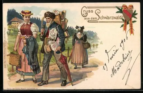 Lithographie Junge Schwarzwälderin läuft ein Stück mit dem Uhrenhändler