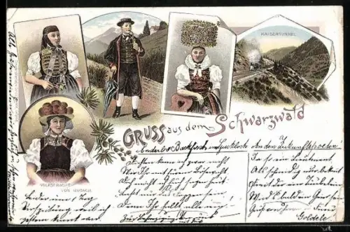 Lithographie Gutach /Schwarzwald, Volkstrachten von Gutach, Kaisertunnel