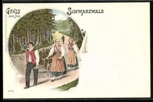 AK Bauern in Schwarzwälder Tracht tragen Holz nach Hause