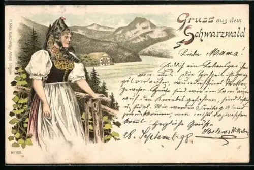 Lithographie Gruss aus dem Schwarzwald, Frau in Schwarzwälder Tracht
