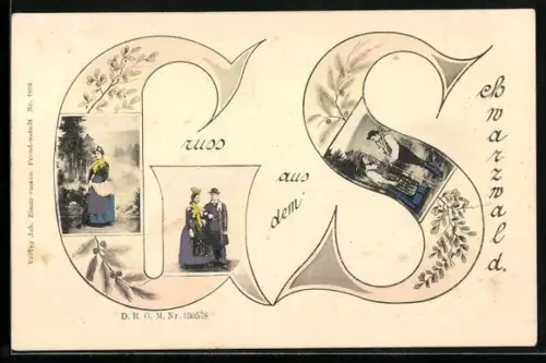 AK Gruss aus dem Schwarzwald, Paar in Schwarzwälder Tracht