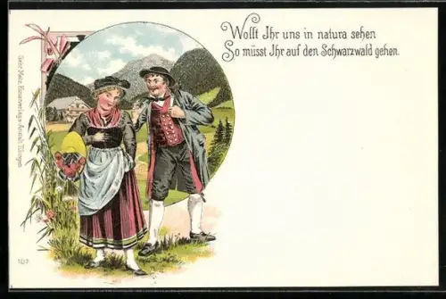 AK Pärchen in Schwarzwälder Tracht macht einen Ausflug