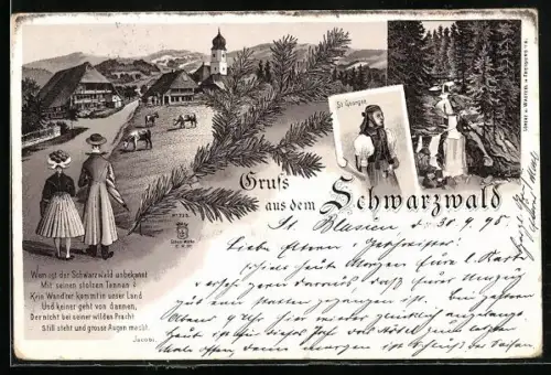Lithographie St. Georgen / Schwarzwald, Gedicht, Ortspartie, elegantes Paar auf dem Spaziergang, Trachten
