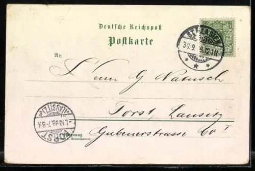 Lithographie St. Georgen / Schwarzwald, Gedicht, Ortspartie, elegantes Paar auf dem Spaziergang, Trachten