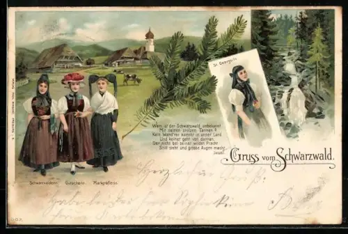Lithographie Schwarzwälderin, Gutaherin, Markgräflerin und St. Georgerin in Tracht