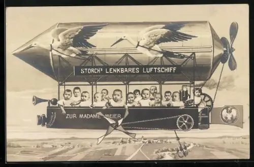 AK Zeppelin Storch`s lenkbares Luftschiff mit Kleinkindern in der Gondel