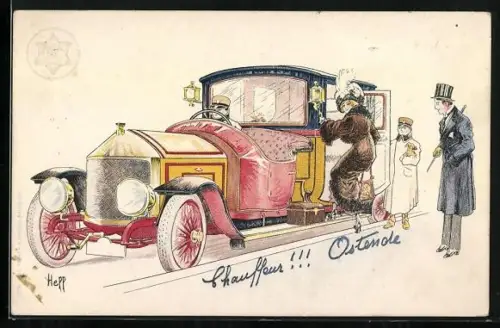 Künstler-AK sign. Hepp: Dame steigt in ein Automobil mit Fahrer ein, der Herr bringt sie zum Wagen