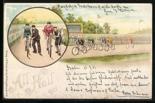 Lithographie Fahradrennen vor Publikum, Fahrräder beim Start, Radsport