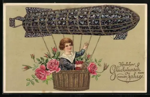 AK Junge fliegt mit einem Zeppelin aus Veilchen, Namenstag