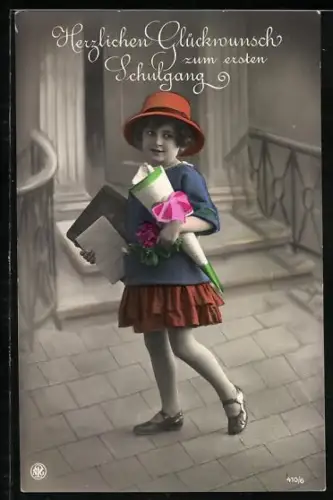 AK Schulanfang, Mädchen mit Hut und Schultüte