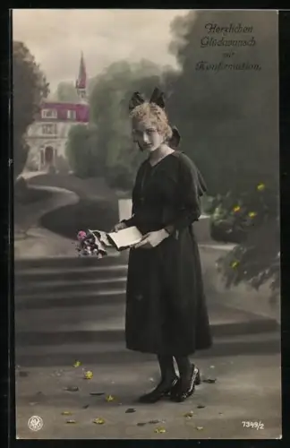 Foto-AK NPG Nr. 7349/2: Junge Frau im schwarzen Kleid, Glückwunsch zur Konfirmation