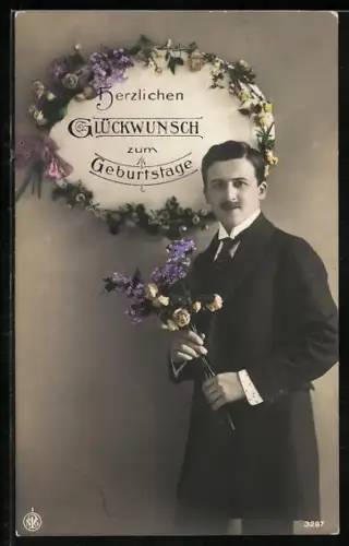 Foto-AK NPG Nr. 3287: Eleganter Herr mit Blumen, Geburtstagsgruss