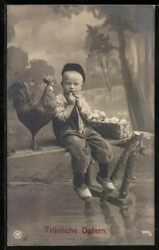 Foto-AK NPG Nr. 1079/6: Junge mit Eierkorb und Hahn, Ostergruss