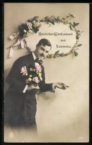 Foto-AK NPG Nr. 2820: Eleganter Herr mit Blumen, Glückwunsch zum Namenstag